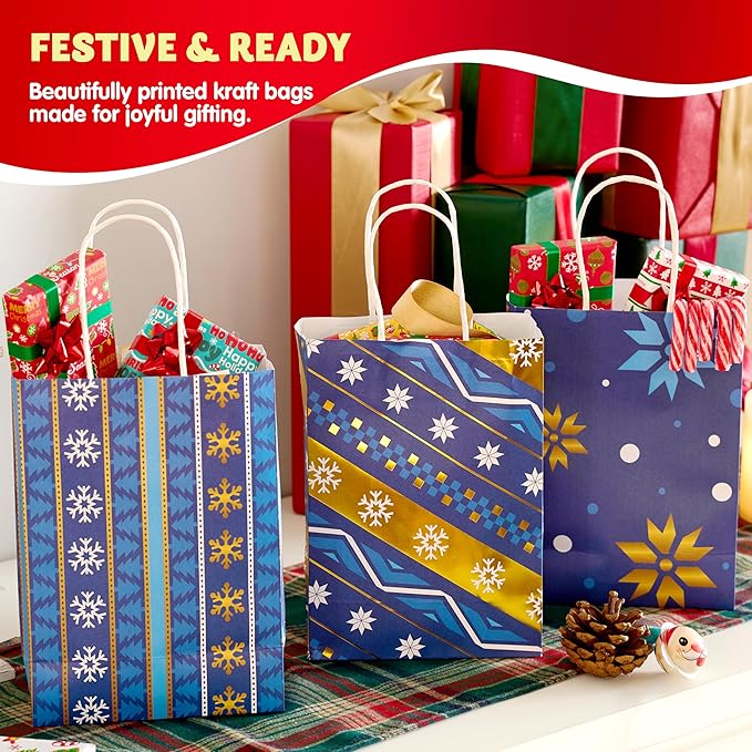 JOYIN 24 PCS Christmas Kraft Gift Bags Xmas Holiday Present Wrapping Paper Goody Bags with Handles for Classrooms and Wedding Decor, Party Favors and Decor Supplies (Blue, 8.27" x 5.91" x 3.15")