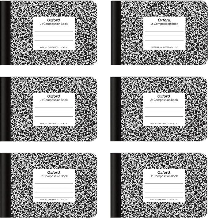 Oxford Jr. Composition Notebooks, School Supplies, Notebooks for School, Half Size, 4-7/8 x 7-1/2 Inches, Wide Ruled Paper, 80 Sheets, Kids Journal, Black Marble Covers, 6 Pack (63773)