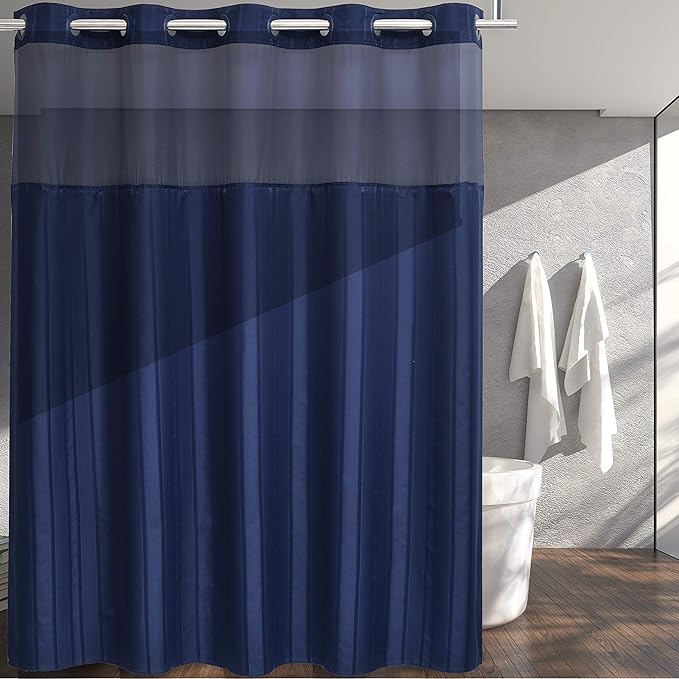 Conbo Mio Extra Long No Hook Waffle Weave Shower Curtain with Snap in Liner Set, Hotel Luxury Dark Blue Shower Curtains for Bathroom with See Through Top Window, Waterproof, Washable 71W x 84H Stripe