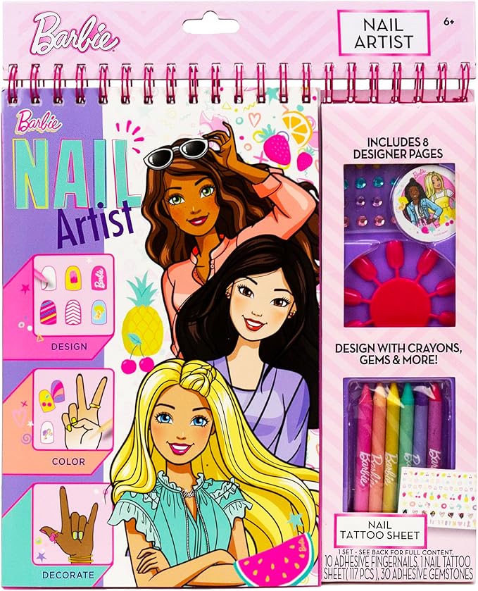 Barbie Nail Artist Magazine, 28-Page Magazine With Templates, Stickers, & Tips, Press-on Nails, Cute Nail Stickers & Gems, Crayons Included, 6 Year Old Girl Birthday Gift, Cute Girls Toys