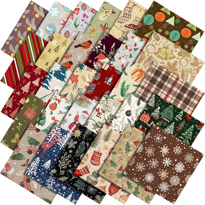 Shimeyao 60 Pcs 10 x 10 Inch Vintage Christmas Quilting Fabric Bundle Fat Quarters Santa Reindeer Snowman Print Square Fabric Printed Patchwork Supplies for Xmas DIY Decorations Sewing Craft