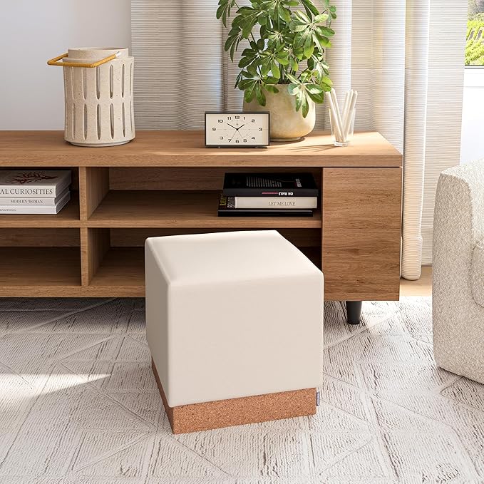 Seville Classics Cushioned Fabric Ottoman Hidden Storage Chest Footrest Chair, Padded Seat for Bedroom, Dorm, Loft, Living Room, Entryway, Hallway, Cork/Cream, 15" Cube