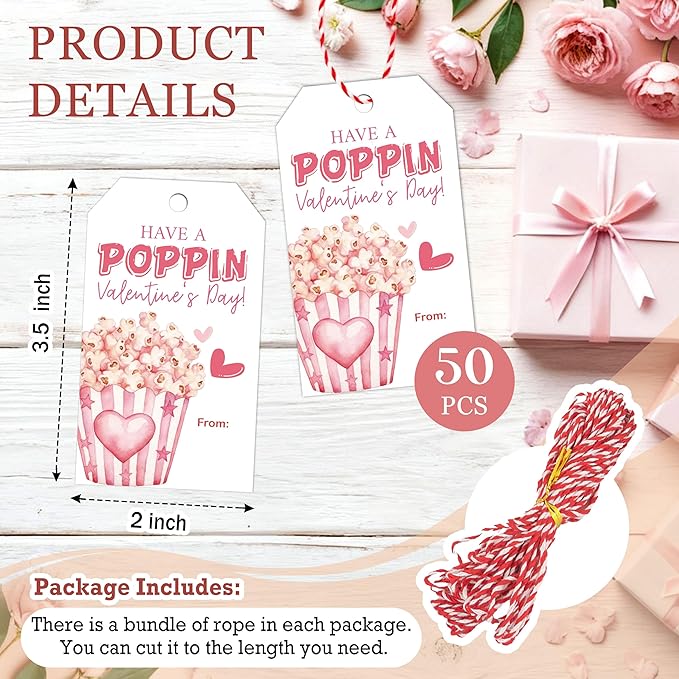 Have A Poppin Valentines Day Sticker Label, 50 Pcs Valentine Gift Tags with String, Gift Tag Paper Tags Labels Idea Valentines Activity School Classroom Party Favors-Pink