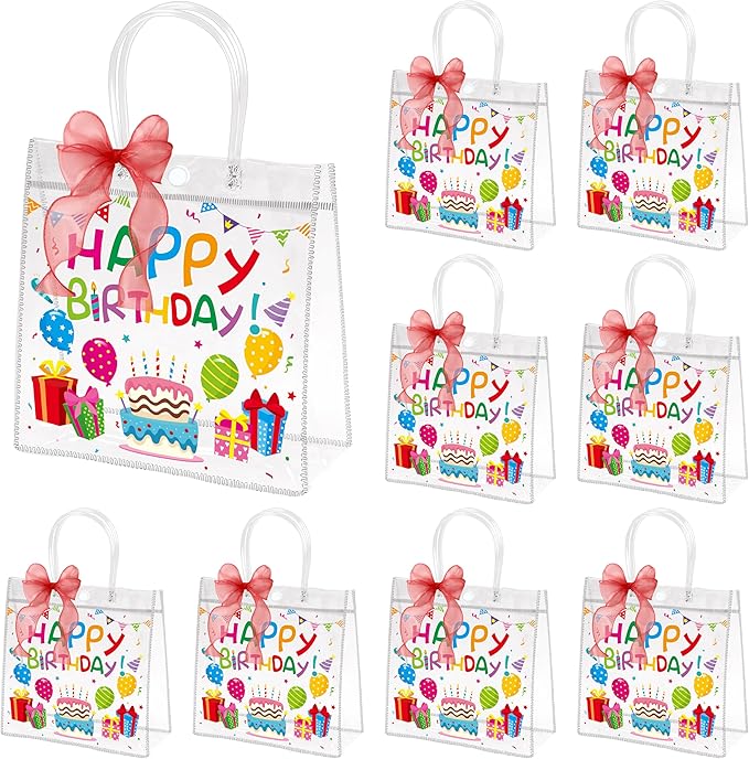 H1vojoxo Birthday Party Gift Bags - 24PCS Happy Birthday Clear PVC Gift Bags with Handles 10 Yards Red DIY Bow Ribbon 7.9x7.9x3.1 Inches Reusable Clear PVC Birthdays Gift Wrap Tote Bag for Kids Adults