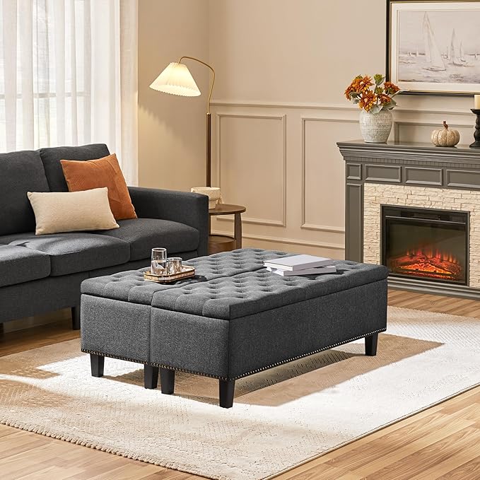 Yaheetech Classic 50-inch Entryway Ottoman Bench with Storage - Multipurpose Foot Rest Sofa Stool in Dark Gray, 2PCS