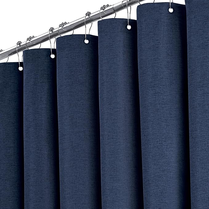BTTN Extra Long Fabric Shower Curtain - 180x72 Inch Linen Textured Heavy Duty Tall Cloth Shower Curtain Set with 32 Plastic Hooks, Large Hotel Luxury Polyester Shower Curtains for Bathroom, Navy Blue
