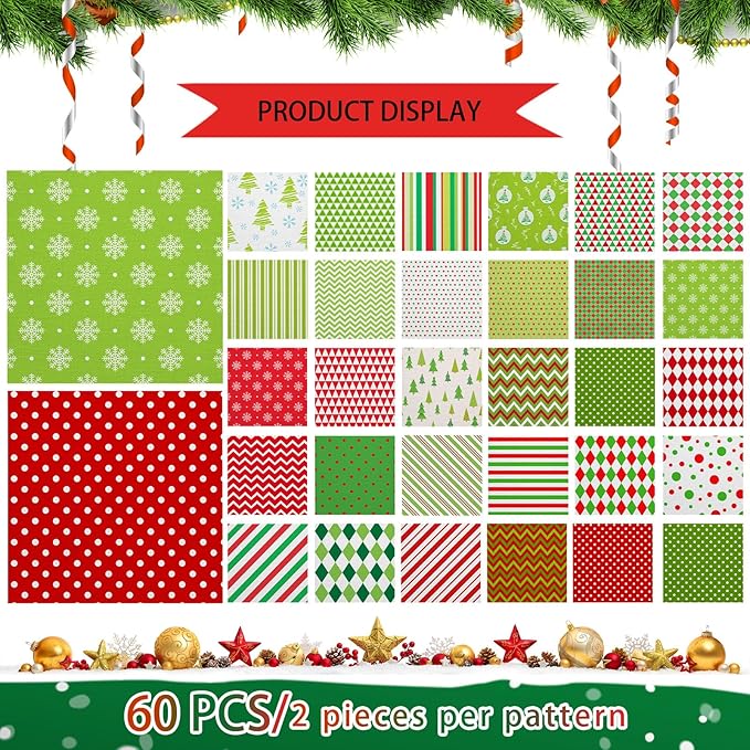 Shimeyao 60 Pcs 10 x 10 Inch Christmas Quilting Fabric Bundle Fat Quarters Stripe Dot Bright Red Green Print Squares Fabric Print Patchwork Supplies for Xmas DIY Decorations Sewing Craft