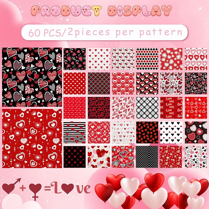 Shimeyao 60 Pcs 10 x 10 Inch Valentine's Day Quilting Fabric Bundle Fat Quarters Heart Printed Squares Fabric Print Red Black Patchwork Supplies for Valentines Day DIY Decorations Sewing Craft
