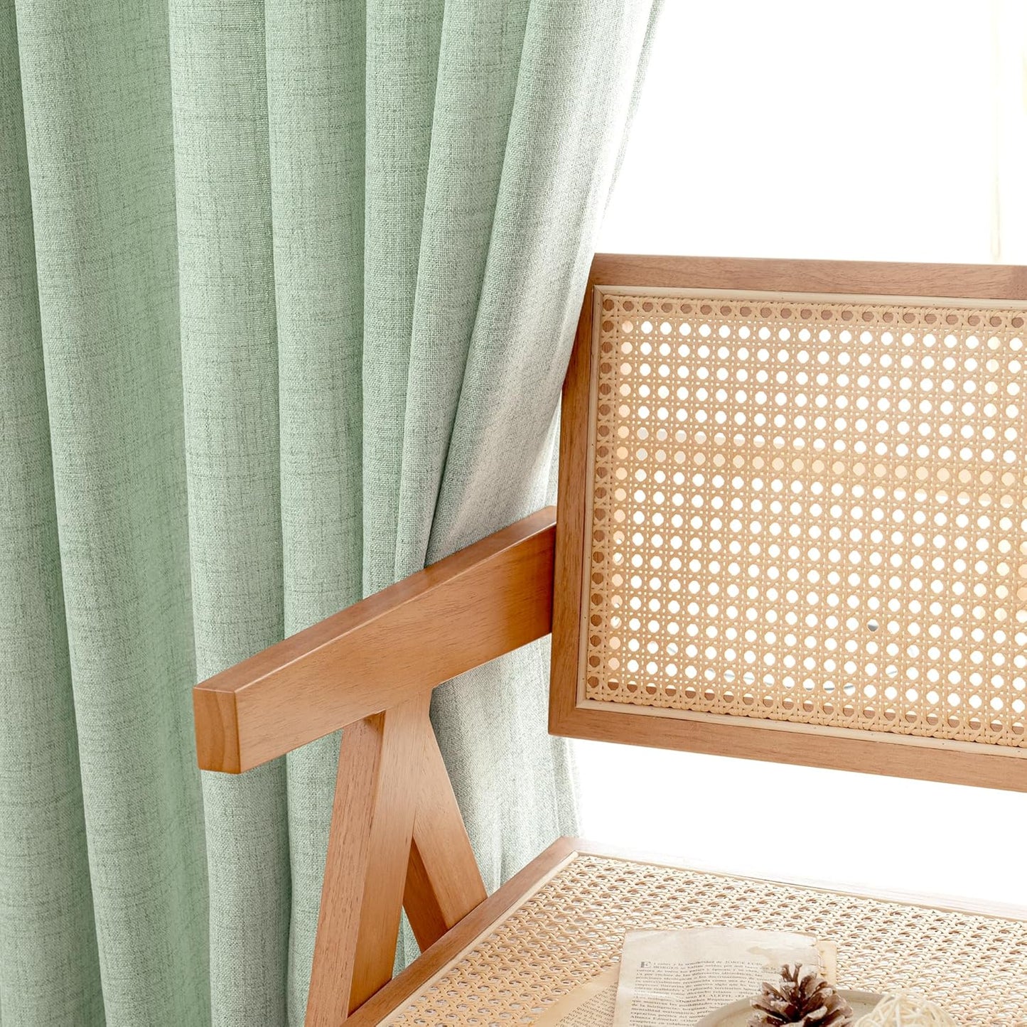 YoungsTex Sage Green Linen Semi Sheer Curtains 45 Inch Length for Kitchen Window, Light Filtering Short Drapes with Rod Pocket Back Tab for Bathroom Bedroom, 2 Panels, 42 X 45 Inch