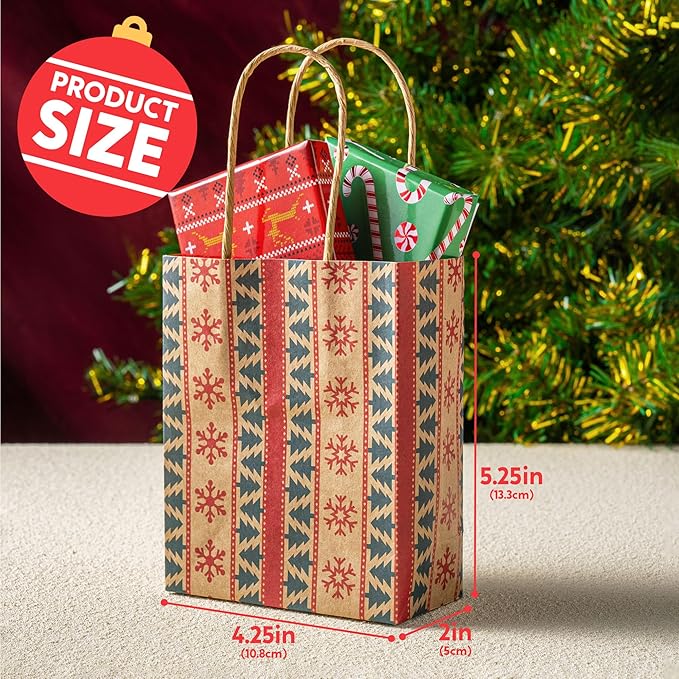 JOYIN 24 PCS Christmas Kraft Gift Bags with Handles, Reusable Xmas Paper Goody Wrap Craft Bags for Holiday Presents, Giant Gifts Decorations, Party Favors and Decor Supplies (5.25 x 4.25 x 2)