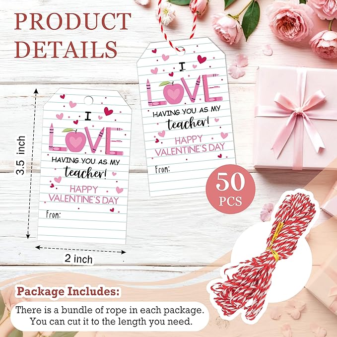 50Pcs Teacher Valentine's Day Tag - Happy Valentine Tags with String, Teacher Gift Label Idea Valentines Activity School Classroom Party Favors