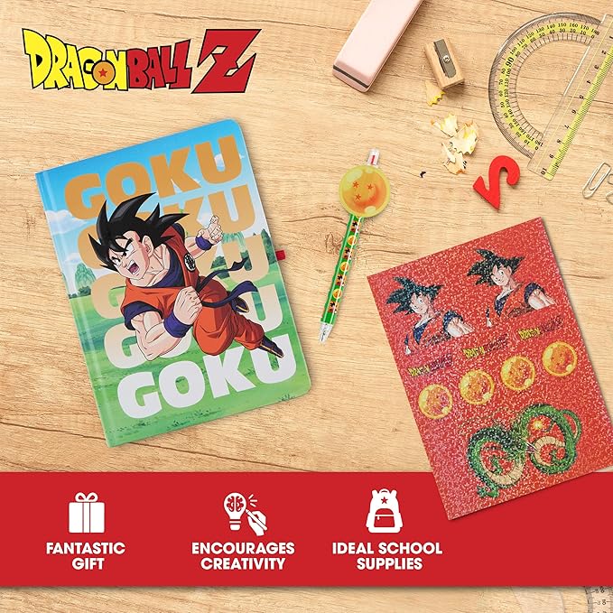 Culture Fly Kids Stationary Set for Girls and Boys - Dragon Ball Z Journal Kit with Notebook, Acrylic Pen Topper, Sticker Sheet - Cute Stationery Kit for School, Writing, Drawing, Gifts
