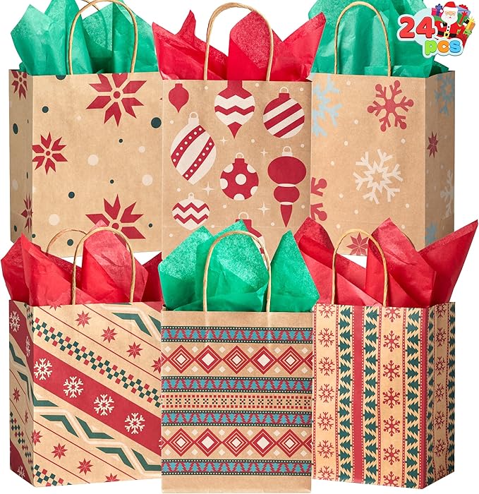 JOYIN 24 PCS Christmas Kraft Gift Bags for Present Wrapping, Holiday Paper Goody Gift Treat Candy Bags for Xmas Decor Supplies Classrooms Wedding and Party Favors (9" x 7.3" x 3.3")