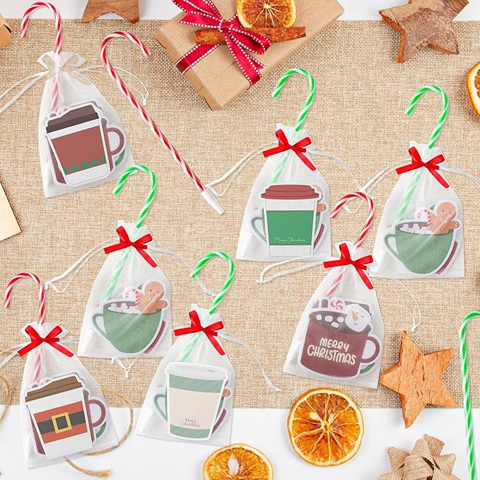Xqumoi Christmas Coffee Cup Sticky Notes with Pen Gift Set - 24 Set Xmas Tree Self Sticky Writing Memo Pads Ballpoint Pens with Mesh Bag Party Favors School Classroom Rewards Office Suppliess