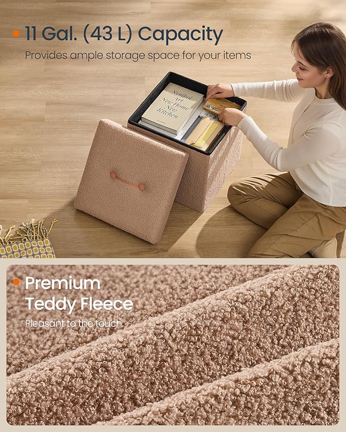 SONGMICS Small Folding Storage Ottoman, Foot Rest Stool, 15 x 15 x 15 Inches, Ottoman with Storage, Load up to 660 lb, for Living Room, Bedroom, Dorm, Camel Brown ULSF095K01