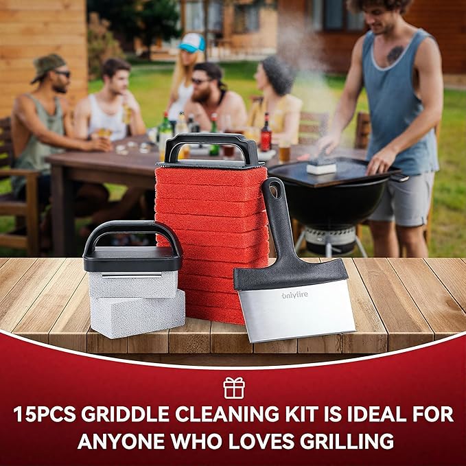 onlyfire 15Pcs Griddle Cleaning Kit for Blackstone, Flat Top Grill Cleaning Kit with Grill Stone, Griddle Scraper, Scouring Pads, Grill Bricks and Handles
