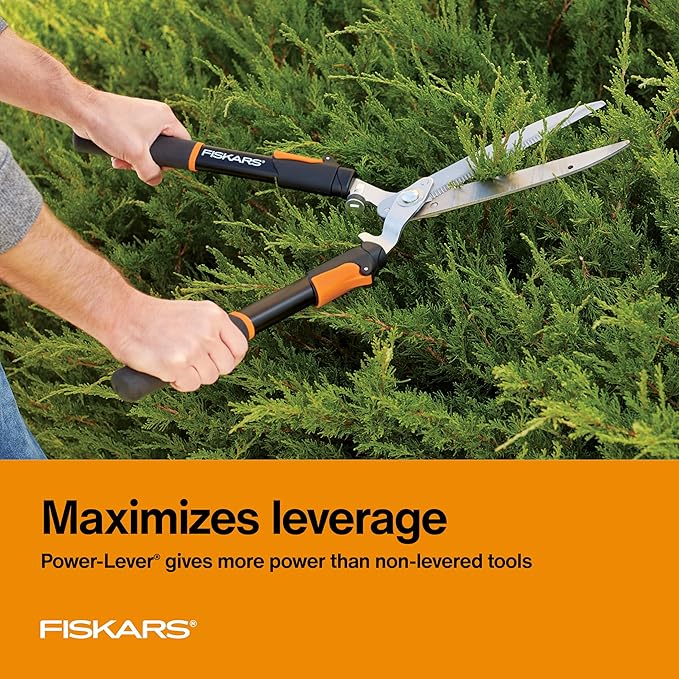 Fiskars Power-Lever Extendable Hedge Shears, Self-Sharpening Serrated Steel Blades for Clean Cuts, Handles Adjust 25"-33" for High Reach, Multiplies Leverage for 2x Power, 10" Blades, Orange/Black