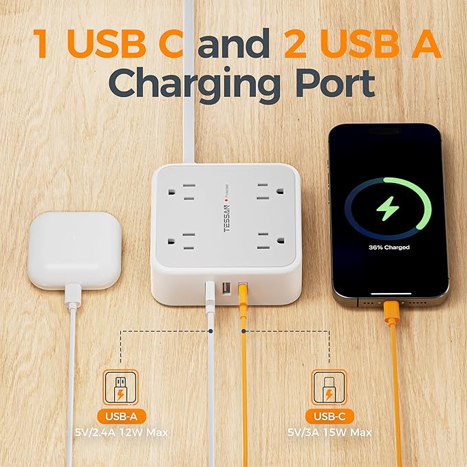 TESSAN 10 Ft Surge Protector Power Strip, 3 USB(1 USB C) 8 Outlets, Flat Plug Extension Cord with Multiple Outlets, 900J Protection, Desk Charging Station for Home, Dorm Room Essentials, Grey