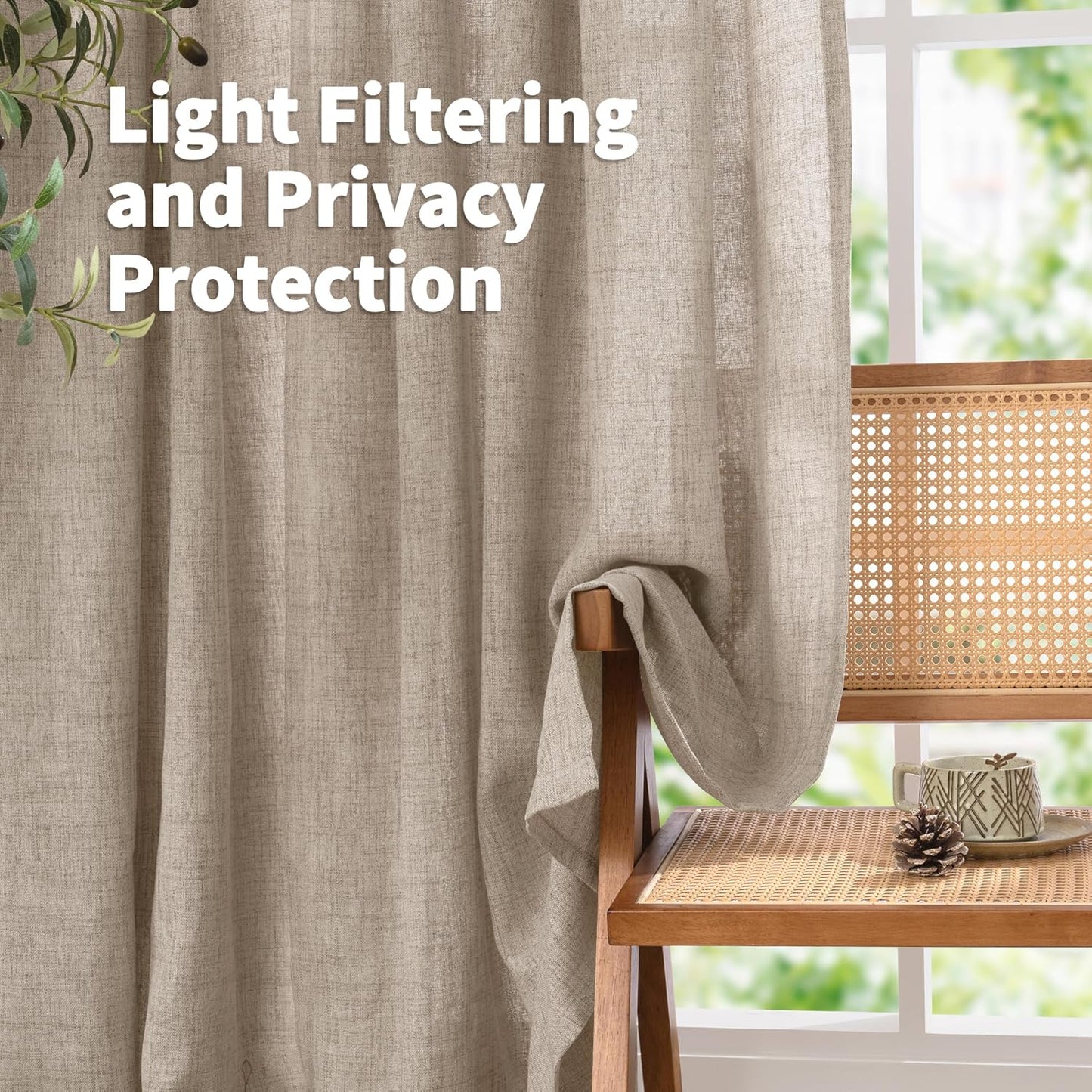 YoungsTex Oatmeal Linen Semi Sheer Curtains 63 Inch Length for Living Room, Light Filtering Window Drapes with Back Tab for Bedroom, 2 Panels, 40 X 63 Inch