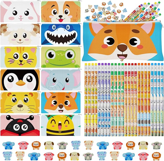 Cinrobiye 48 Pcs Animal Gift Set Pencil Case Pouches Fun Animal Pencils Erasers Party Supplies Stocking Stuffers Goody Bag Fillers Teacher Rewards Prizes Exchange Gifts