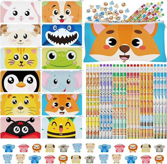 Cinrobiye 48 Pcs Animal Gift Set Pencil Case Pouches Fun Animal Pencils Erasers Party Supplies Stocking Stuffers Goody Bag Fillers Teacher Rewards Prizes Exchange Gifts