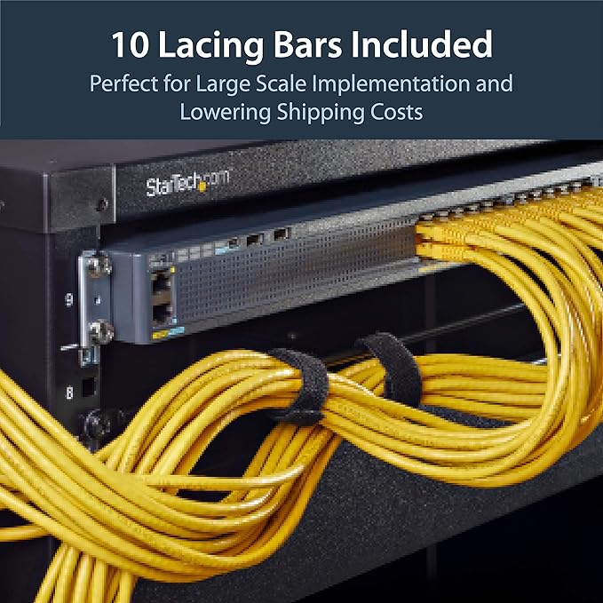 StarTech 10-Pack Horizontal Lacing Bar, Server Rack Cable Management, 19" Network Rack-Mount Cord Organizer, TAA