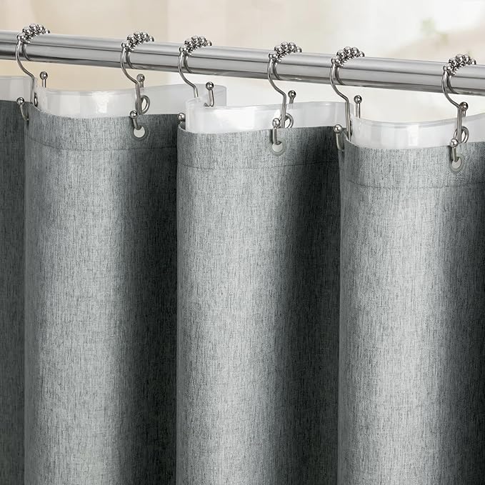 BTTN Grey 3 in 1 Shower Curtain Set, Linen Textured Fabric Shower Curtain and Clear Liner Set with Plastic Hook, Modern Hotel Luxury Weighted Waterproof Shower Curtain for Bathroom, Gray, 72x72