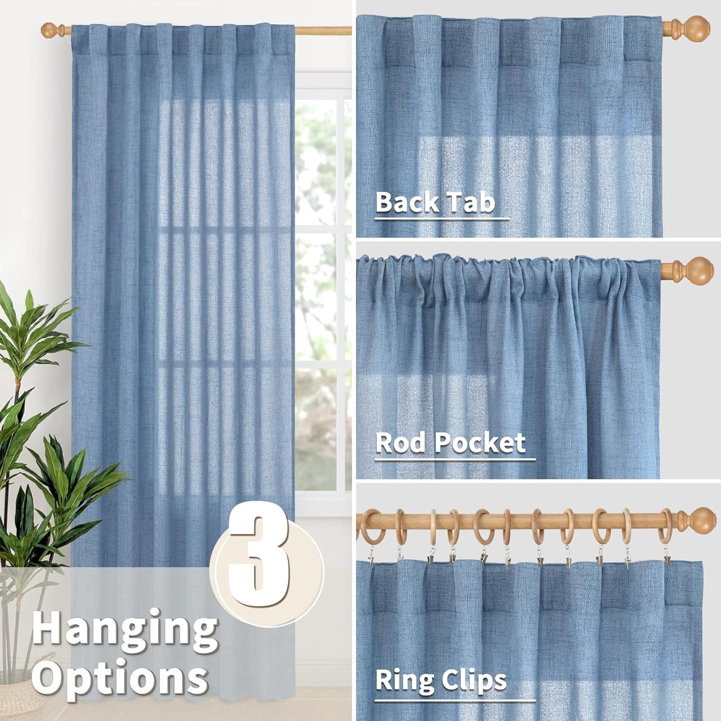 YoungsTex Denim Blue Linen Curtains 40 Inch Length for Bathroom Window, Small Drapes with Rod Pocket Back Tab Light Filtering Coastal for Cafe Kitchen Window Over Sink, 2 Panels, 30 X 40 Inch