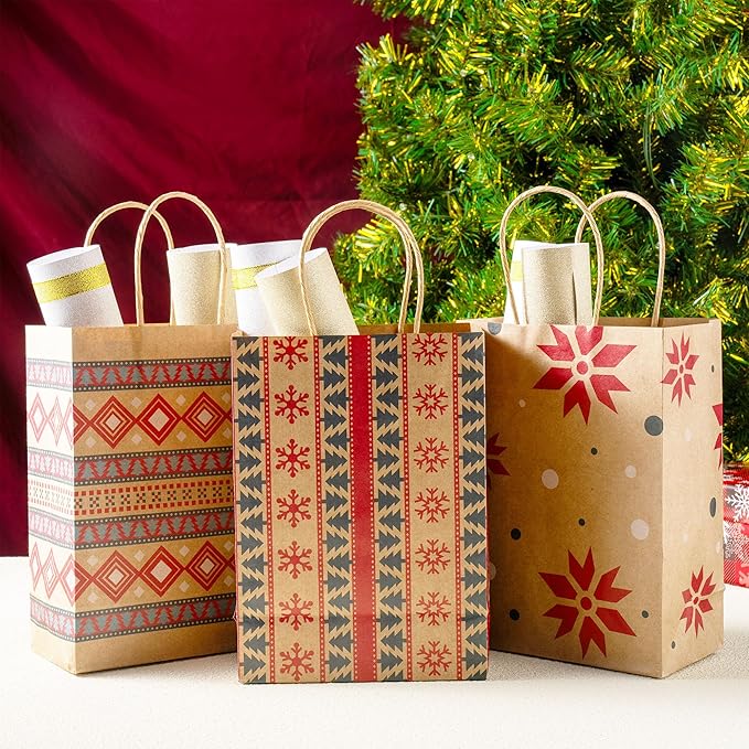 JOYIN 24 PCS Christmas Kraft Gift Bags Xmas Paper Goody Wrap Bags with Durable Handles and Non-Breaking Bottoms for Holidays, Birthdays, Classrooms and Party Favors (8.27 x 5.91 x 3.15)