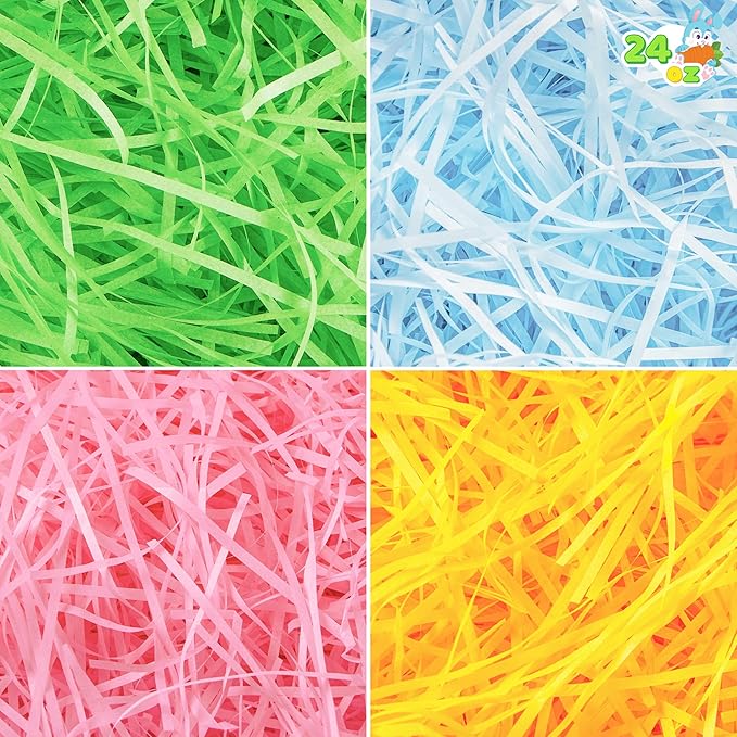 JOYIN 1.5 LB Multicolor Rainbow Easter Grass, Recyclable Gift Wrap Crinkle Filler Paper Shred(Pink, Yellow, Sky Blue, Green) for Easter Egg Hunt, Bags Basket Stuffers Filler, Party Decor Favor(24 oz)