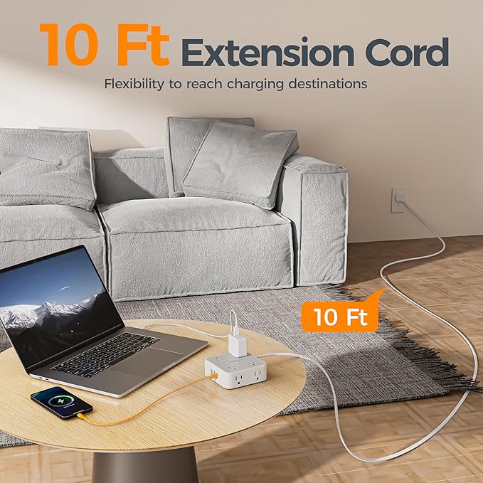 TESSAN 10 Ft Surge Protector Power Strip, 3 USB(1 USB C) 8 Outlets, Flat Plug Extension Cord with Multiple Outlets, 900J Protection, Desk Charging Station for Home, Dorm Room Essentials, Grey