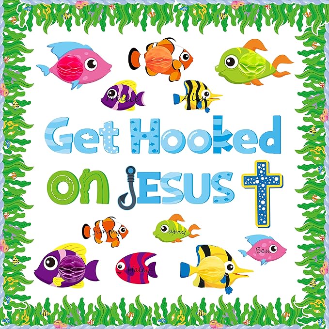 BeYumi 81Pcs Get Hooked on Jesus Christian Bulletin Board Set Under The Sea Tropical Fish Honeycomb Cutouts Name Tags Trim Borders Summer Back to School Faith Religious Classroom Sunday School Decor
