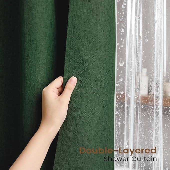 BTTN 3 in 1 Shower Curtain Set, Emerald Green Linen Textured Fabric Shower Curtain and Clear Liner Set with Plastic Hook, Modern Hotel Luxury Weighted Waterproof Shower Curtain for Bathroom, 72x72