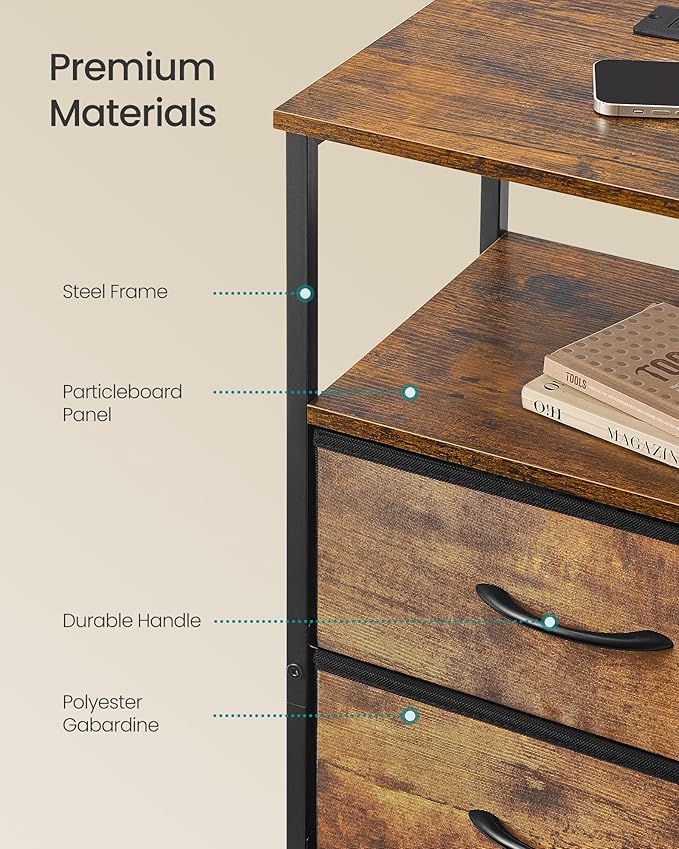 SONGMICS BELLAH Collection - Nightstand with Charging Station and App-Controlled Adjustable LED Lights, Bed Side Table, 2 Drawers and 1 Open Shelf, Bedroom, Rustic Brown and Ink Black ULGS302KD01S