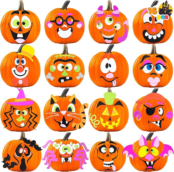 JOYIN 16 Packs Halloween Pumpkin Decorating Stickers, Foam Craft Kit, Halloween Party Favors for Kids, Party Supplies Arts Activities, Funny Jack O Lantern Stickers School Games Gifts
