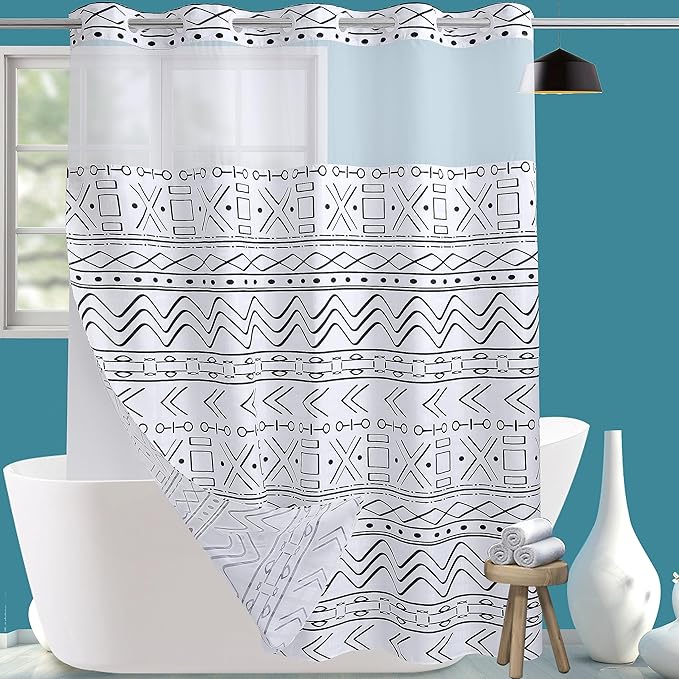Conbo Mio Extra Long No Hook Boho Shower Curtain with Snap in Liner Set, Hotel Luxury White Shower Curtains for Bathroom with See Through Top Window, Waterproof, Washable 71W x 84H