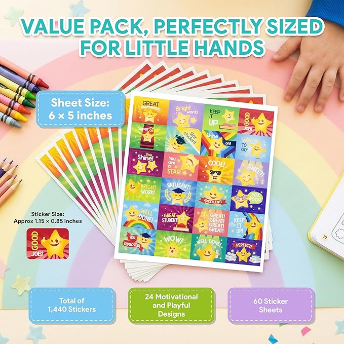 Decorably 1,440 Star Teacher Stickers for Grading for Students - 60 Sheets with 24 Adorable Designs for Classroom Activities, Reward Chart, Positive Reinforcement, Arts & Crafts, Scrapbooking, Gift