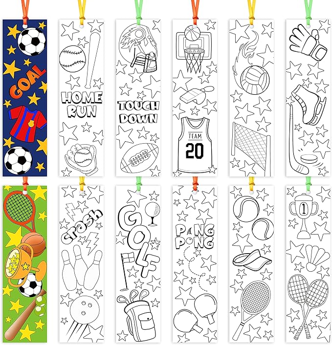 75Pcs Sports Ball Color Your Own Bookmarks for Kids Basketball Softball Theme DIY Coloring Blank Bookmark Classroom Art Craft Supplies for Teachers Students Birthday Gift Party Reward Goodie Filler