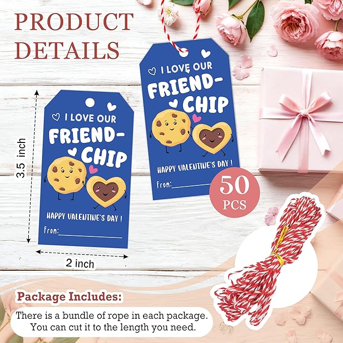 50Pcs Friend-chip Valentines Tags, Cookie Valentines Gift Label with String, Hanging Paper Gift Label for Cookie Bag, Idea Valentine's Activity School Classroom Party Favors