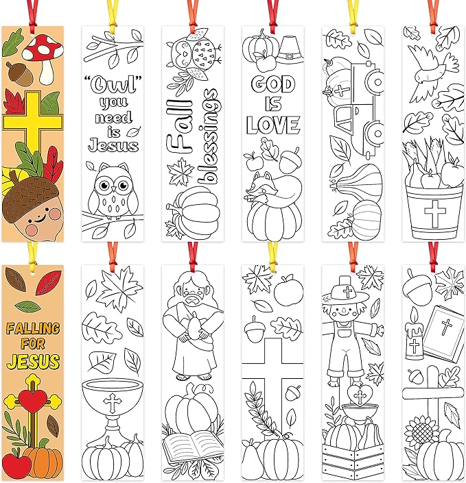 75Pcs Fall Color Your Own Bookmarks for Kids Religious Theme DIY Coloring Blank Bookmark Christian Classroom Art Craft Supplies for Teachers Students Gift Party Sunday School Reward Goodie Fillers