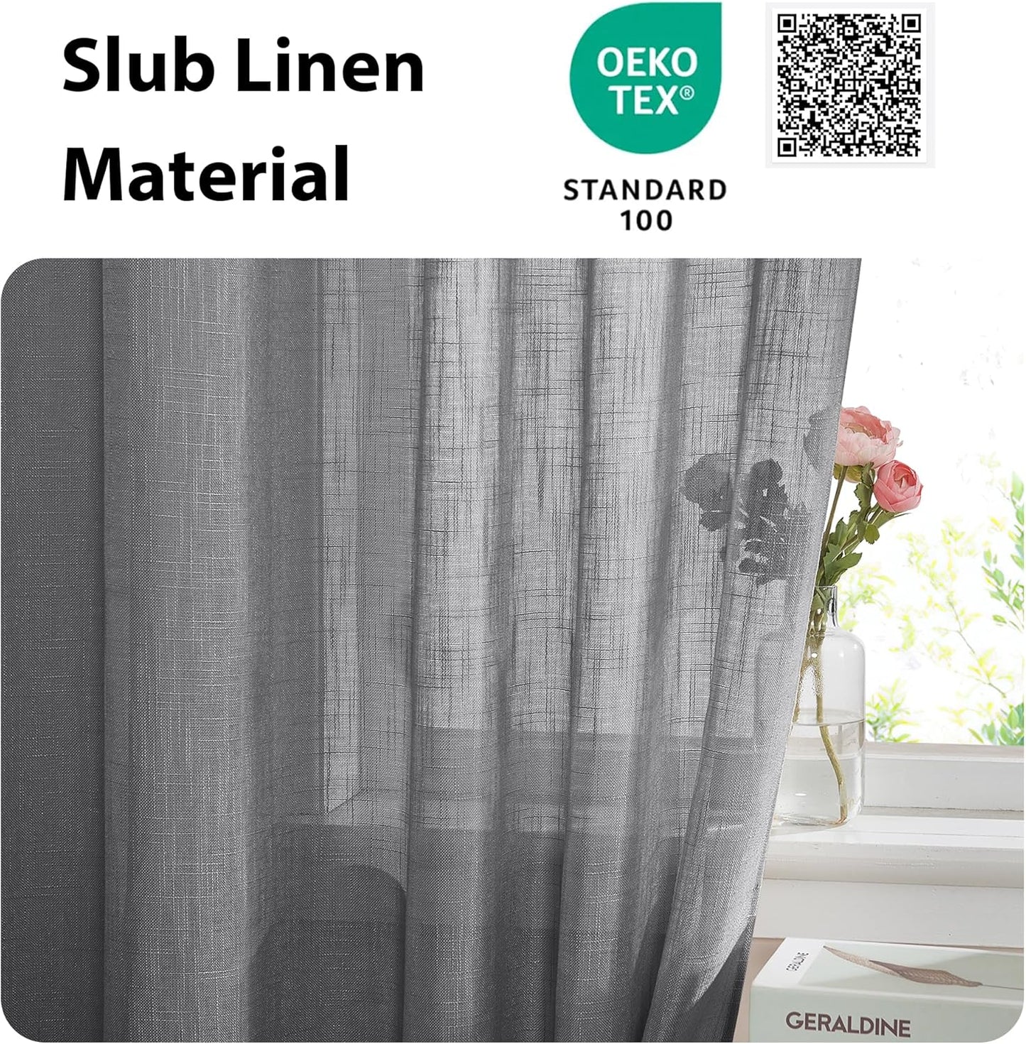 NICETOWN Sheer French Door Panel - 72 inches Linen Textured Voile Room Darkening Patio French Door Curtain with Tie Backs for Sliding Glass (Dark Grey, 1 Panel, 52 inches Width)