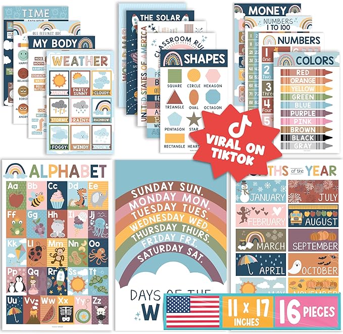 Hadley Designs 16 Educational Posters for Toddlers 1-3 - Learning Poster for Kids Ages 3-5, Alphabet Chart Playroom Homeschool Daycare & Classroom Decor, Kindergarten & Preschool Classroom Must Haves