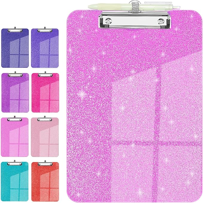 Sparkly Clipboard with Pen Holder, Clear Plastic Glitter Clip Board, Hanging Shiny Clipboards with Low Profile Metal Clip, Letter A4 Size for Taecher Women Office School (Rose Pink)