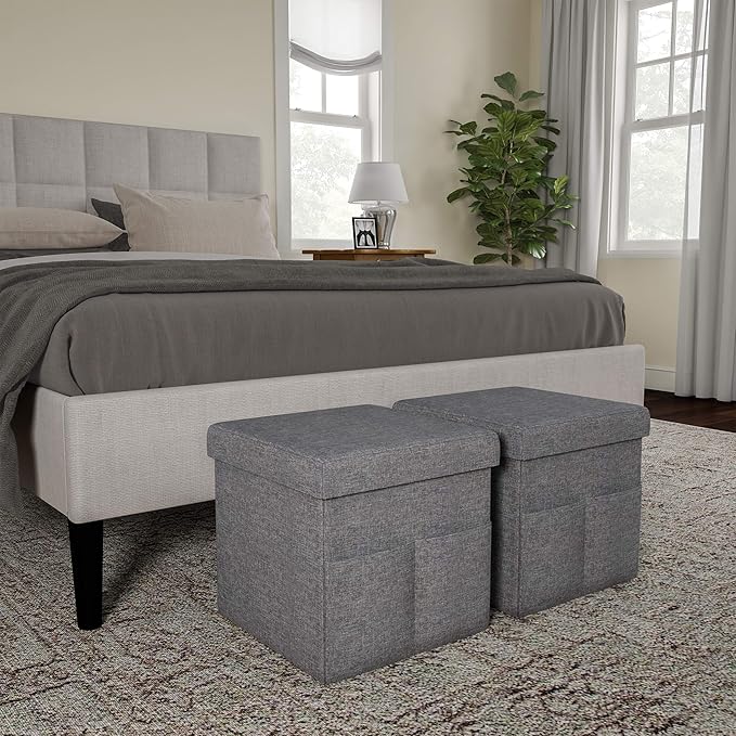 Set of 2 Ottomans with Storage Pockets - 15-Inch Folding Foot Rests or Storage Organizers for Bedroom, Living Room, or Dorm by Lavish Home (Gray)