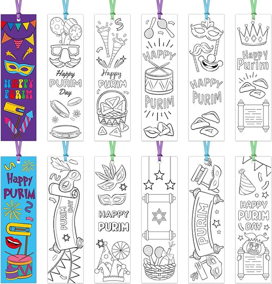 75Pcs Purim Color Your Own Bookmarks Happy Purim DIY Coloring Blank Bookmark Classroom Art Craft Supplies for Teachers Students Jewish Purim Carnival Holiday Party Gift Supplies Reward Goodie Fillers