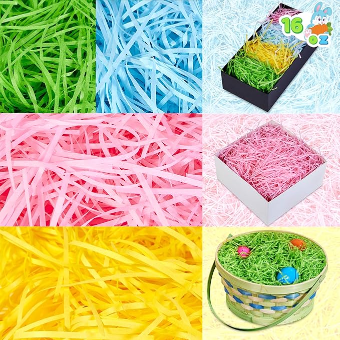 JOYIN 1 LB Easter Fake Grass Gift Wrap Crinkle Filler Paper Shred(16 Oz) for Basket Filling, DIY Gift Wrapping, Wedding Birthday Party Decoration, Easter Egg Hunt (Pink, Yellow, Sky Blue, Green)