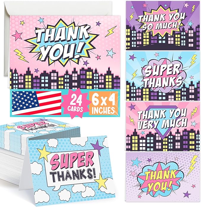 Hadley Designs 24 Superhero Thank You Cards With Envelopes - 4x6 Kids Thank You Cards Girls Birthday Bulk, Blank Baby Girl Super Hero Teacher Appreciation Notes, Superhero Party Supplies, Made In USA