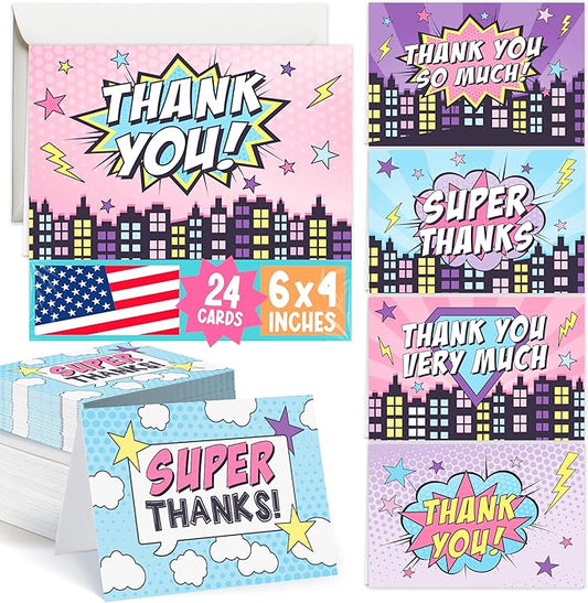Hadley Designs 24 Superhero Thank You Cards With Envelopes - 4x6 Kids Thank You Cards Girls Birthday Bulk, Blank Baby Girl Super Hero Teacher Appreciation Notes, Superhero Party Supplies, Made In USA
