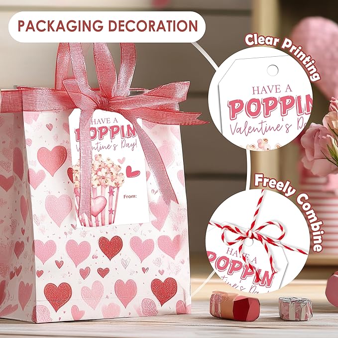 Have A Poppin Valentines Day Sticker Label, 50 Pcs Valentine Gift Tags with String, Gift Tag Paper Tags Labels Idea Valentines Activity School Classroom Party Favors-Pink