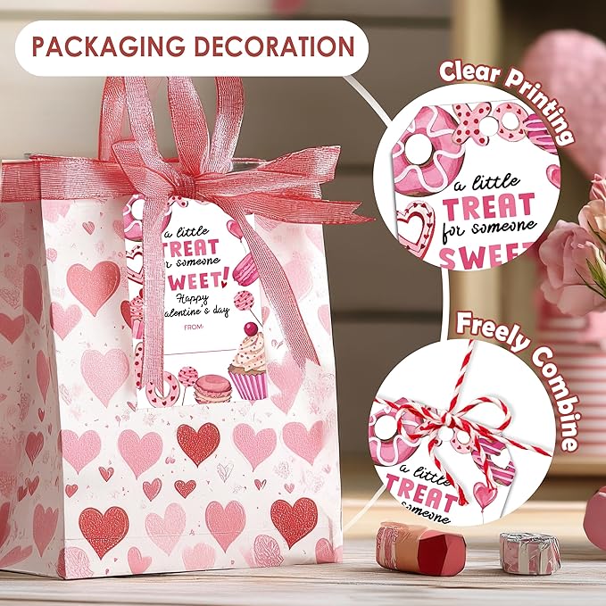 Valentines Day Gift Sticker Tags - 50Pcs A Little Treat Happy Valentine Tags with String, Gift Label Idea Valentines Activity School Classroom Party Favors-Pink